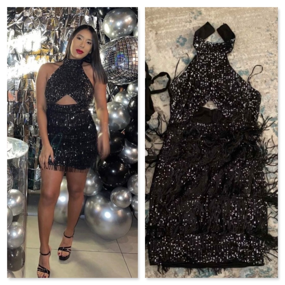 Black Sequined Tassel Cut Out Mini Short Dress Halter Neck - Picture 13 of 14